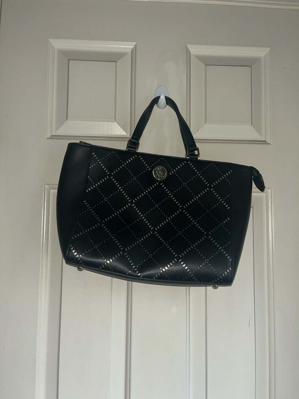 Anne Klein Black Perforated Diamond Studded Tote Bag with Lion Logo